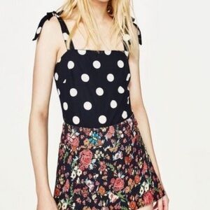 Zara Tie Shoulder Navy White Polka Dot Bodysuit Size XS